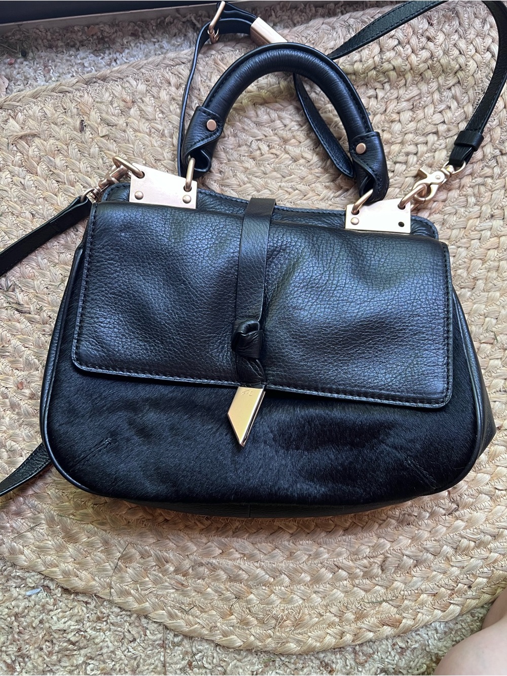 Black Leather Top-Handle Shoulder Bag with Gold Hardware